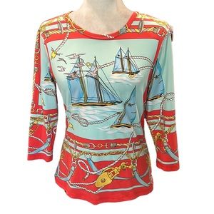 J. McLaughlin Coral Orange & Blue Sailboat Chain Rope Print Top - S